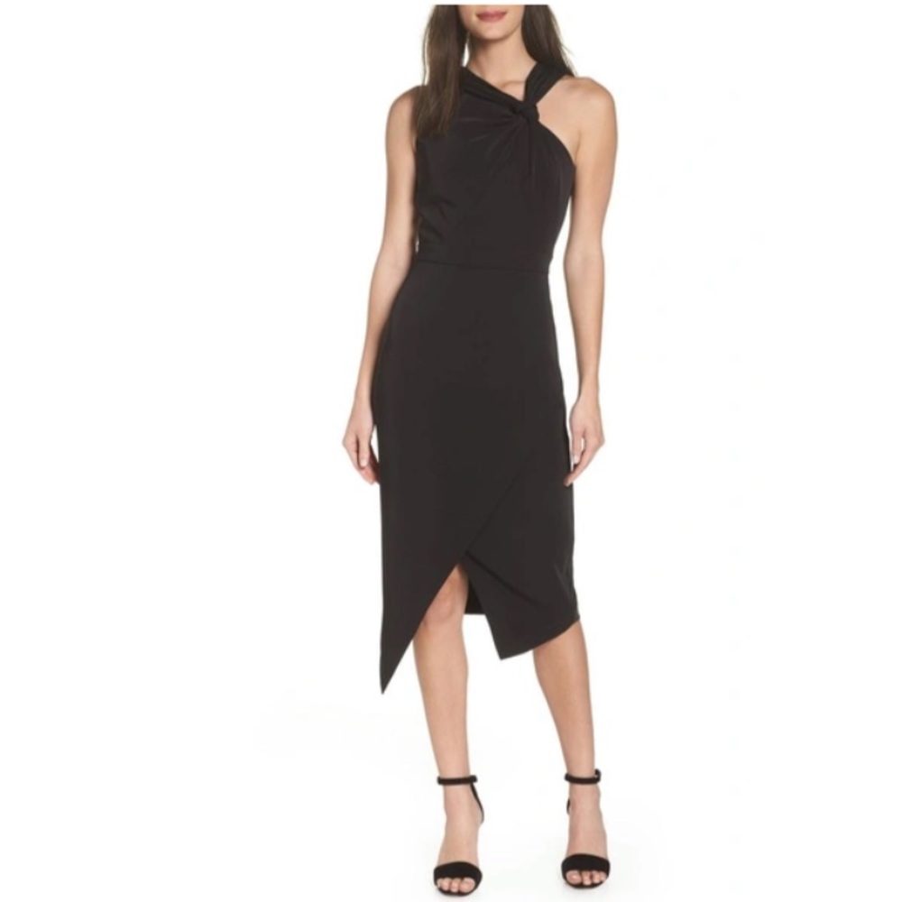 Harlyn twist shoulder black asymmetrical halter neckline cocktail dress size xs